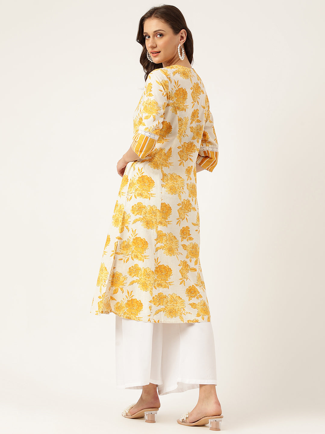 Mustard Floral Printed A-Line Cotton Kurta