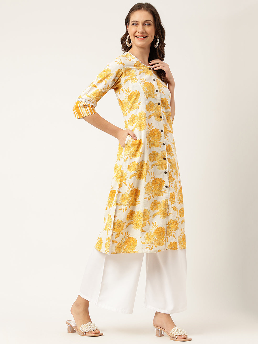 Mustard Floral Printed A-Line Cotton Kurta