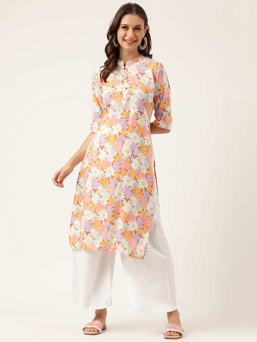 Multi Colored Floral Digital Printed Straight Half Sleeve Kurta