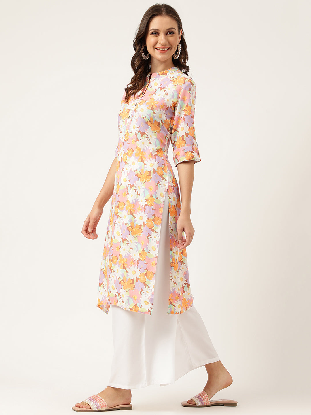 Multi Colored Floral Digital Printed Straight Half Sleeve Kurta