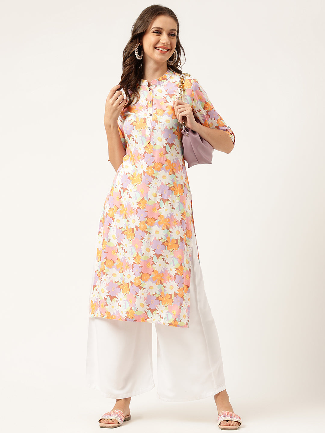 Multi Colored Floral Digital Printed Straight Half Sleeve Kurta