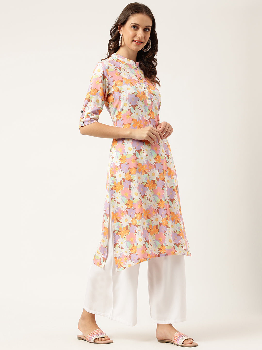 Multi Colored Floral Digital Printed Straight Half Sleeve Kurta