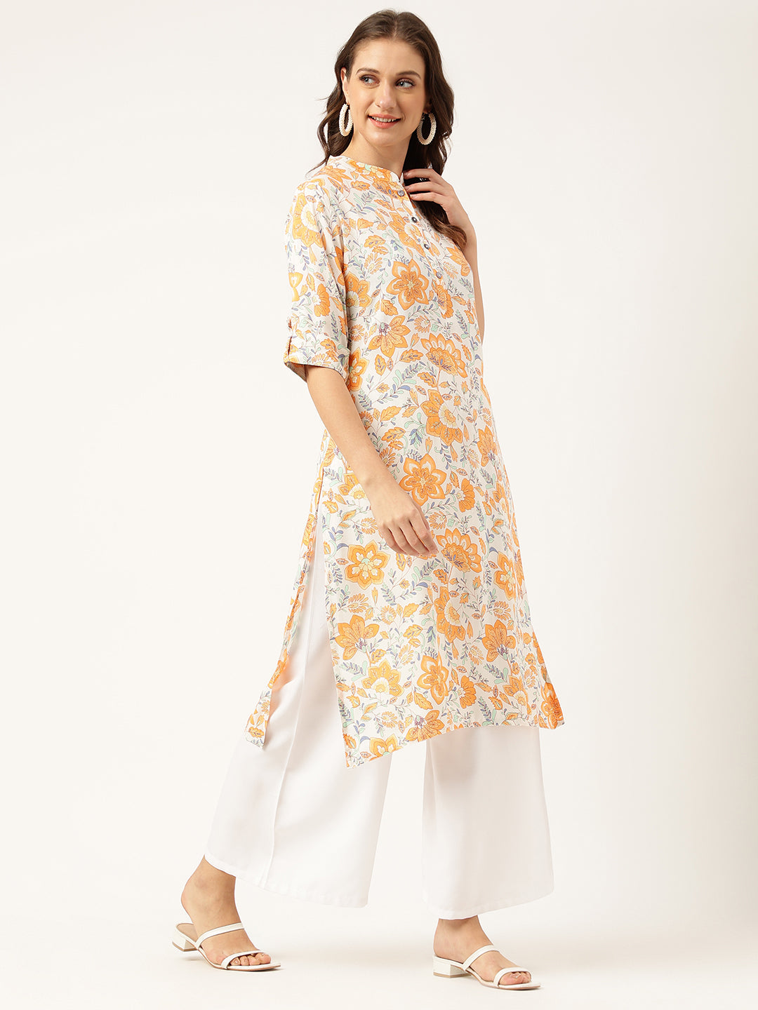 Multi Color Floral Digital Printed Straight Fold Sleeve Kurta