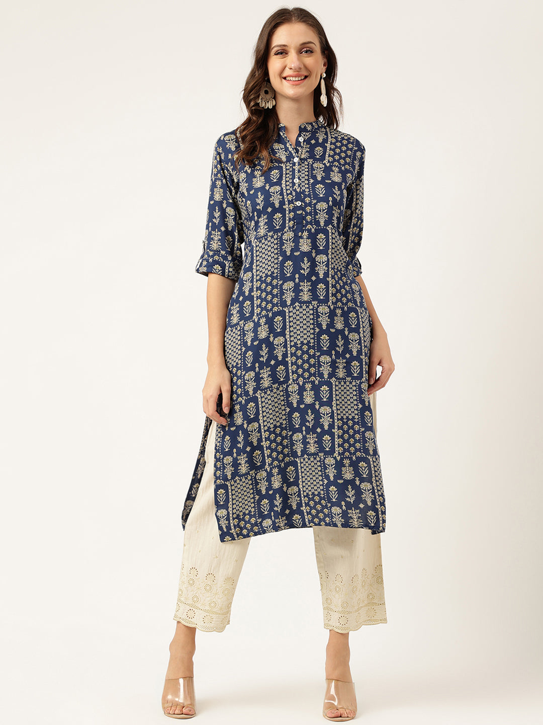 Navy Floral Digital Printed Straight Fold Sleeve Kurta