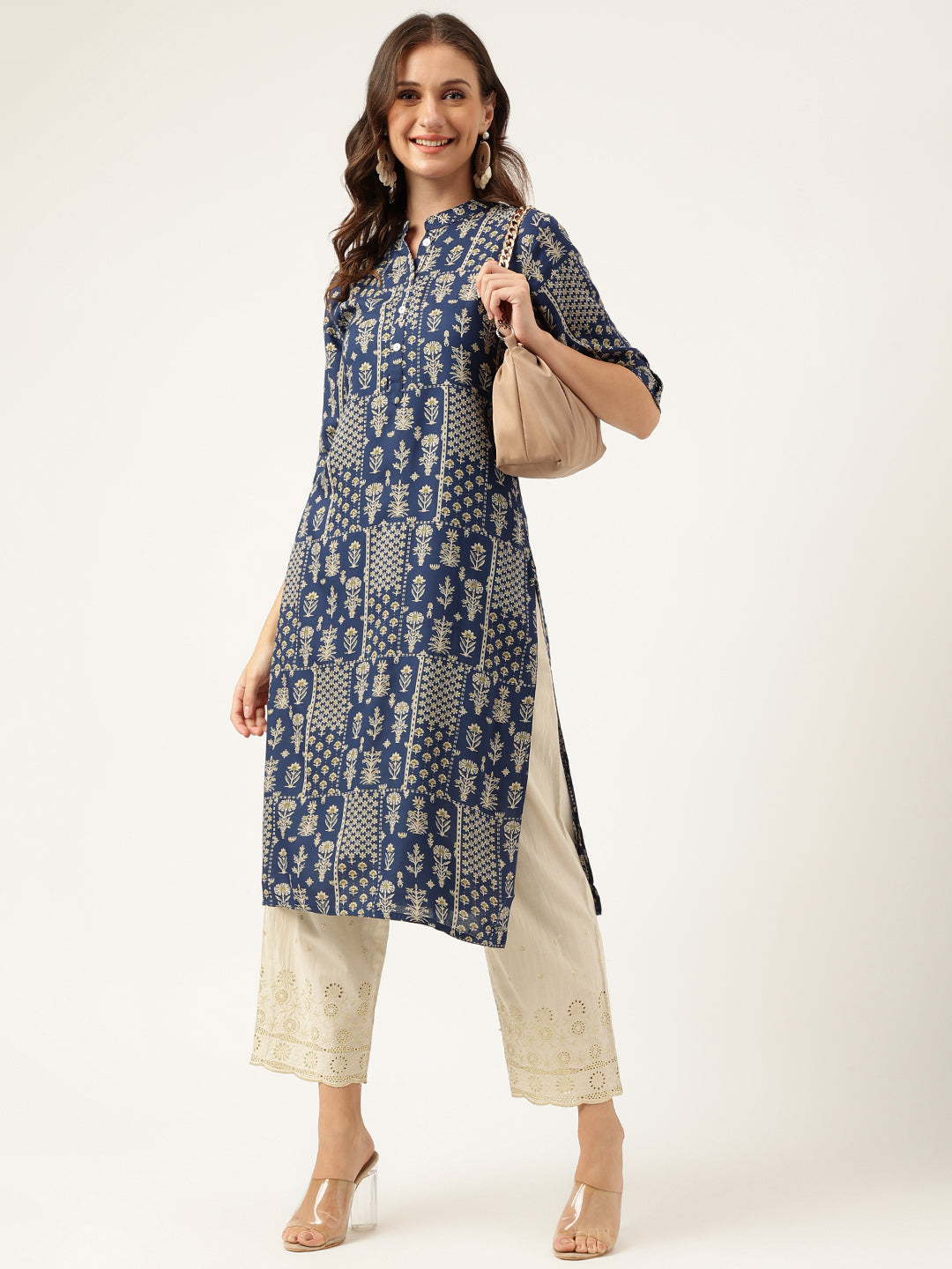 Navy Floral Digital Printed Straight Fold Sleeve Kurta