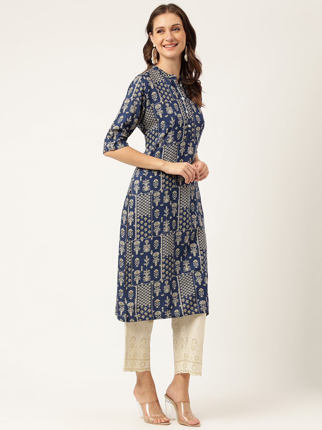 Navy Floral Digital Printed Straight Fold Sleeve Kurta