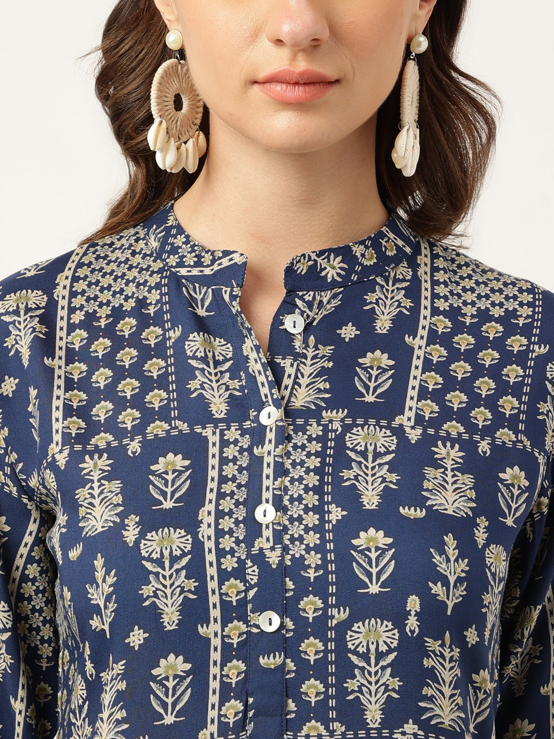 Navy Floral Digital Printed Straight Fold Sleeve Kurta