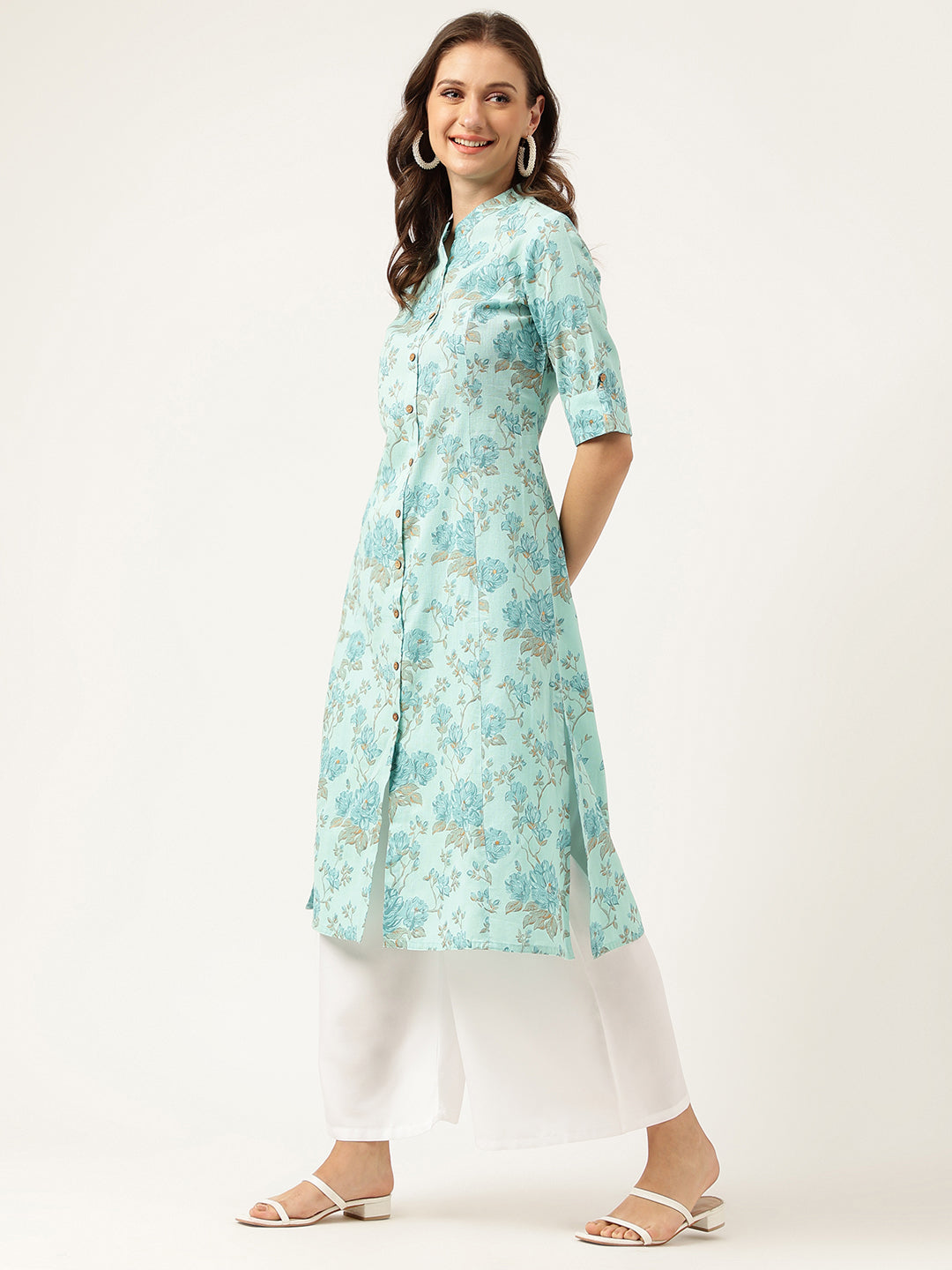 Sea Green Floral Printed Cotton A-Line  Kurta