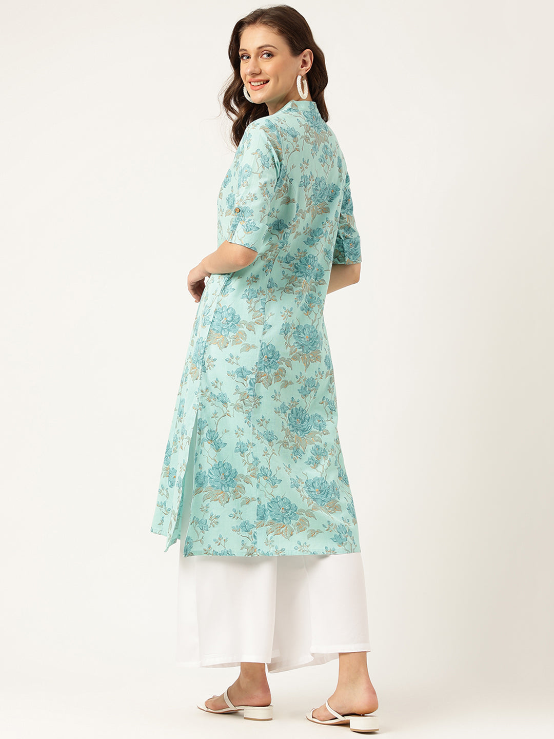 Sea Green Floral Printed Cotton A-Line  Kurta