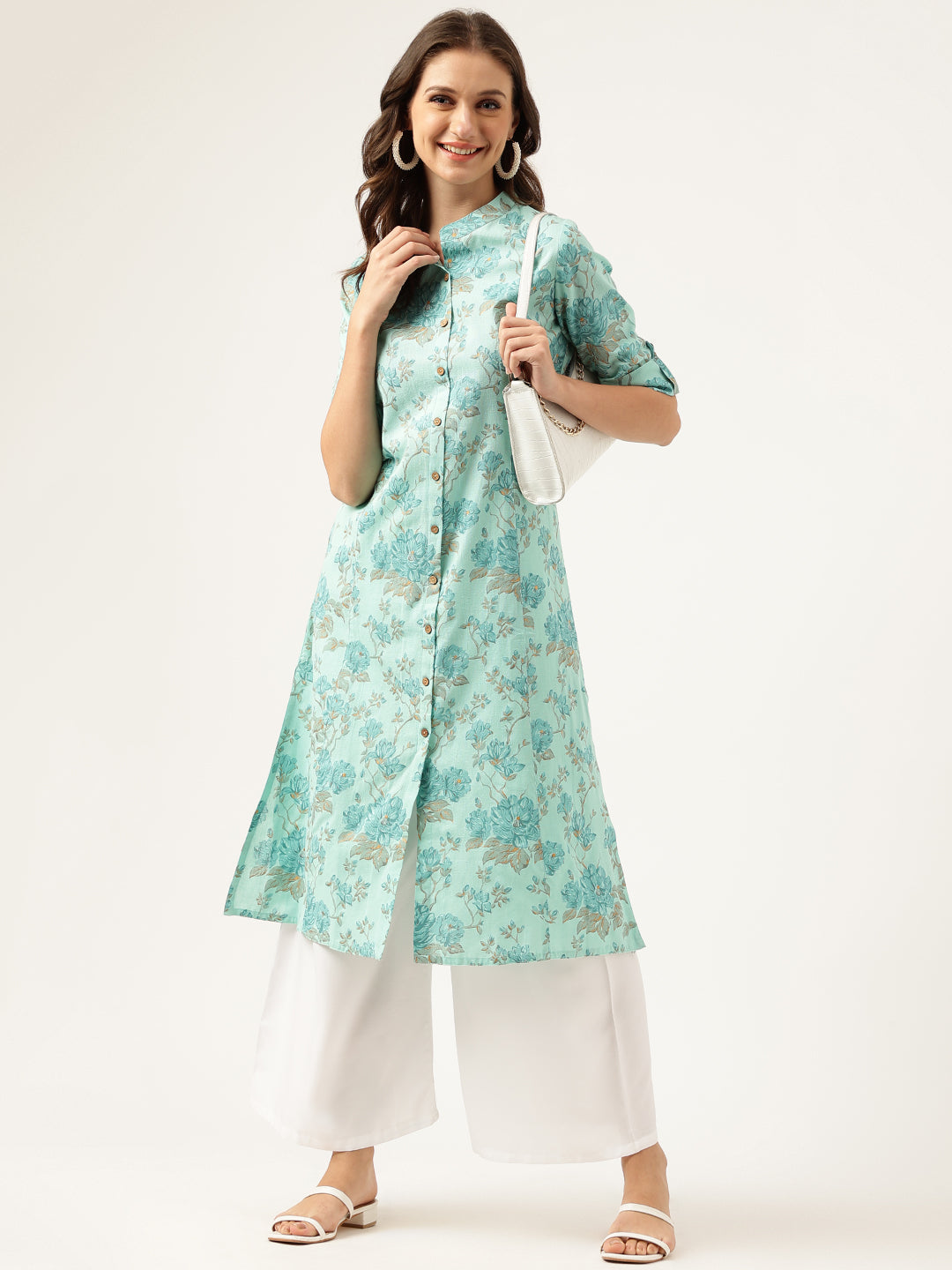 Sea Green Floral Printed Cotton A-Line  Kurta