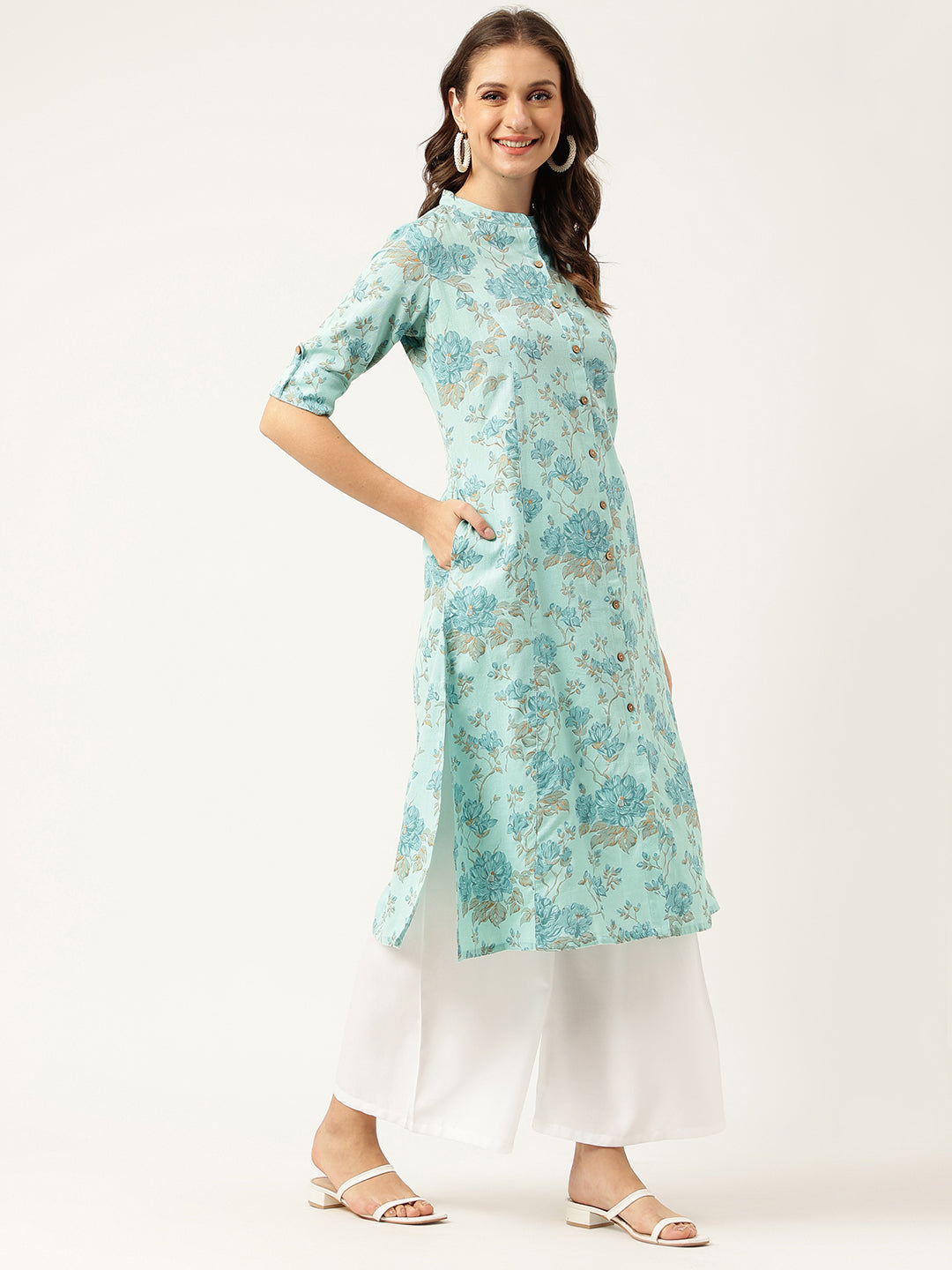 Sea Green Floral Printed Cotton A-Line  Kurta