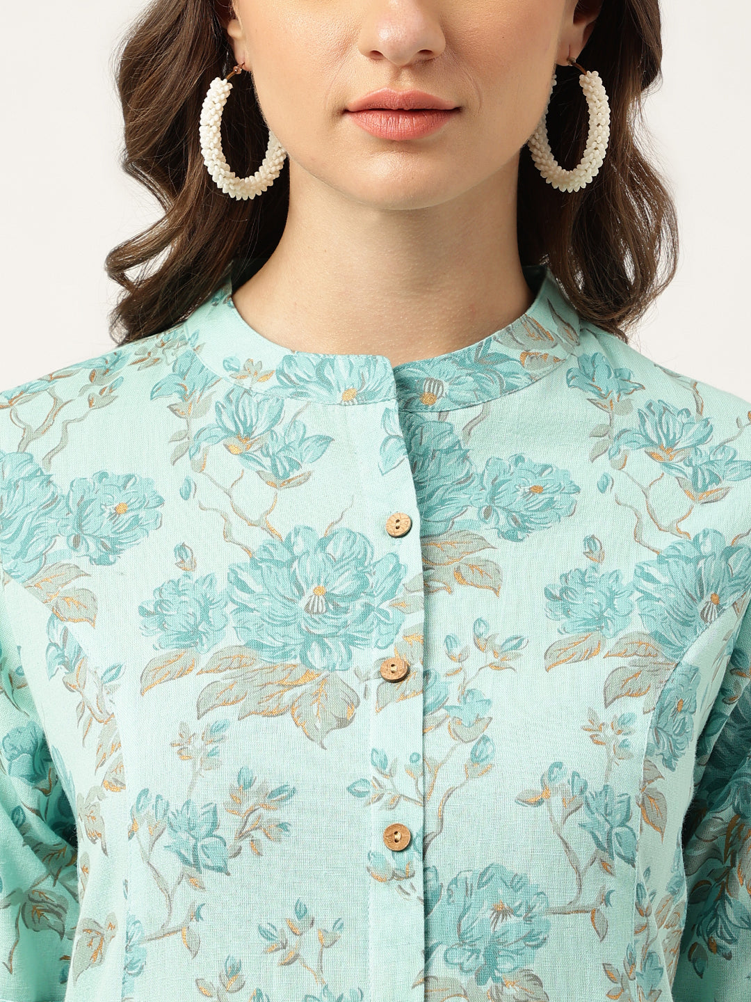 Sea Green Floral Printed Cotton A-Line  Kurta