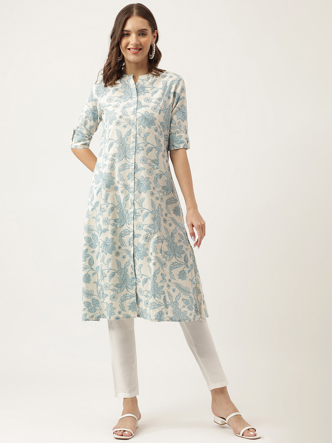 Sky blue Floral Printed Cotton A-Line Kurta