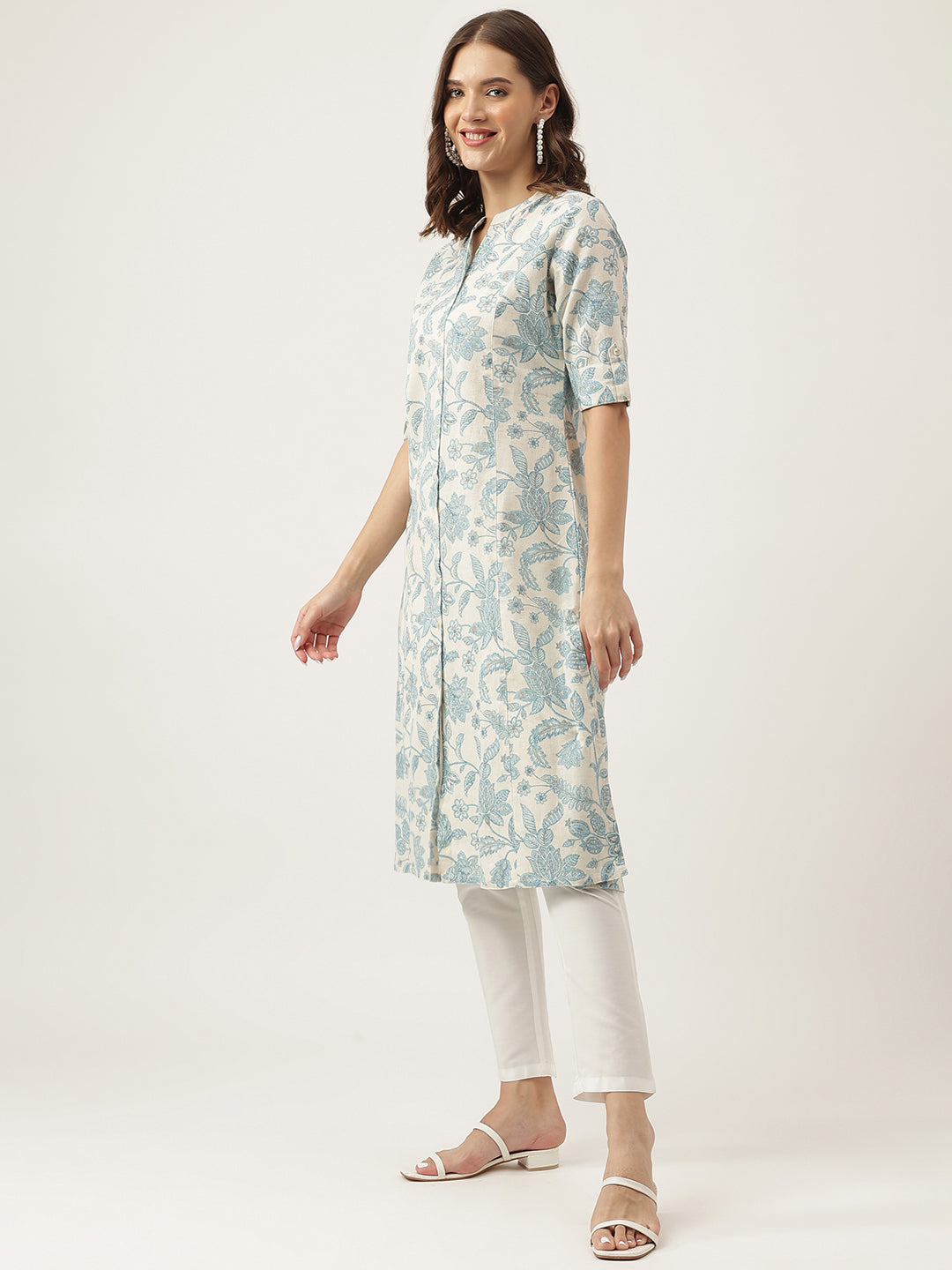 Sky blue Floral Printed Cotton A-Line Kurta