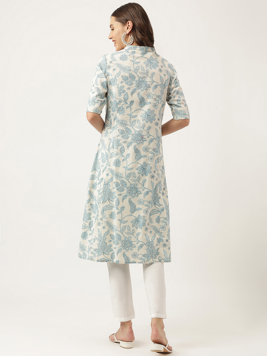 Sky blue Floral Printed Cotton A-Line Kurta