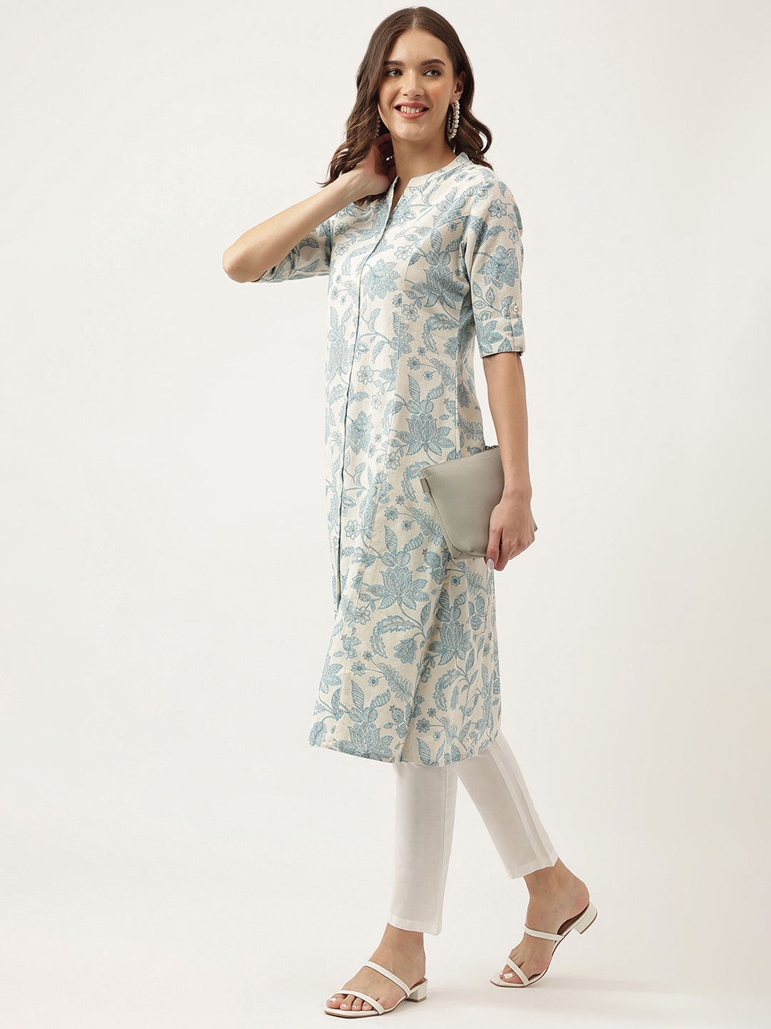 Sky blue Floral Printed Cotton A-Line Kurta