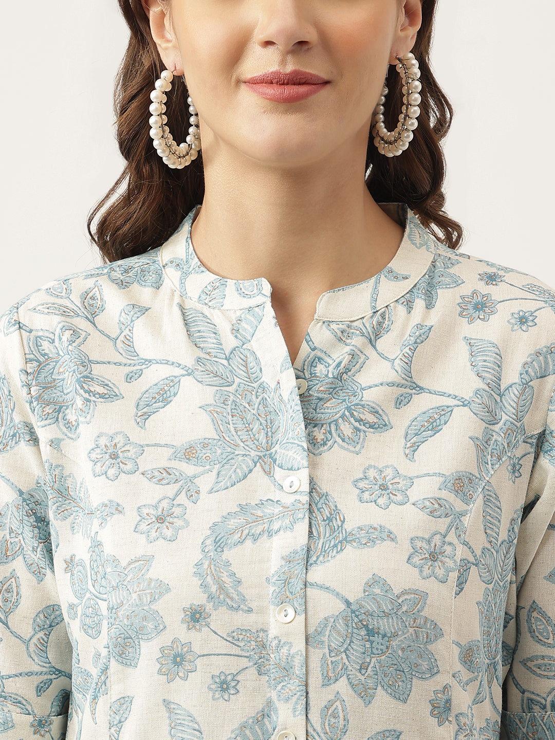 Sky blue Floral Printed Cotton A-Line Kurta