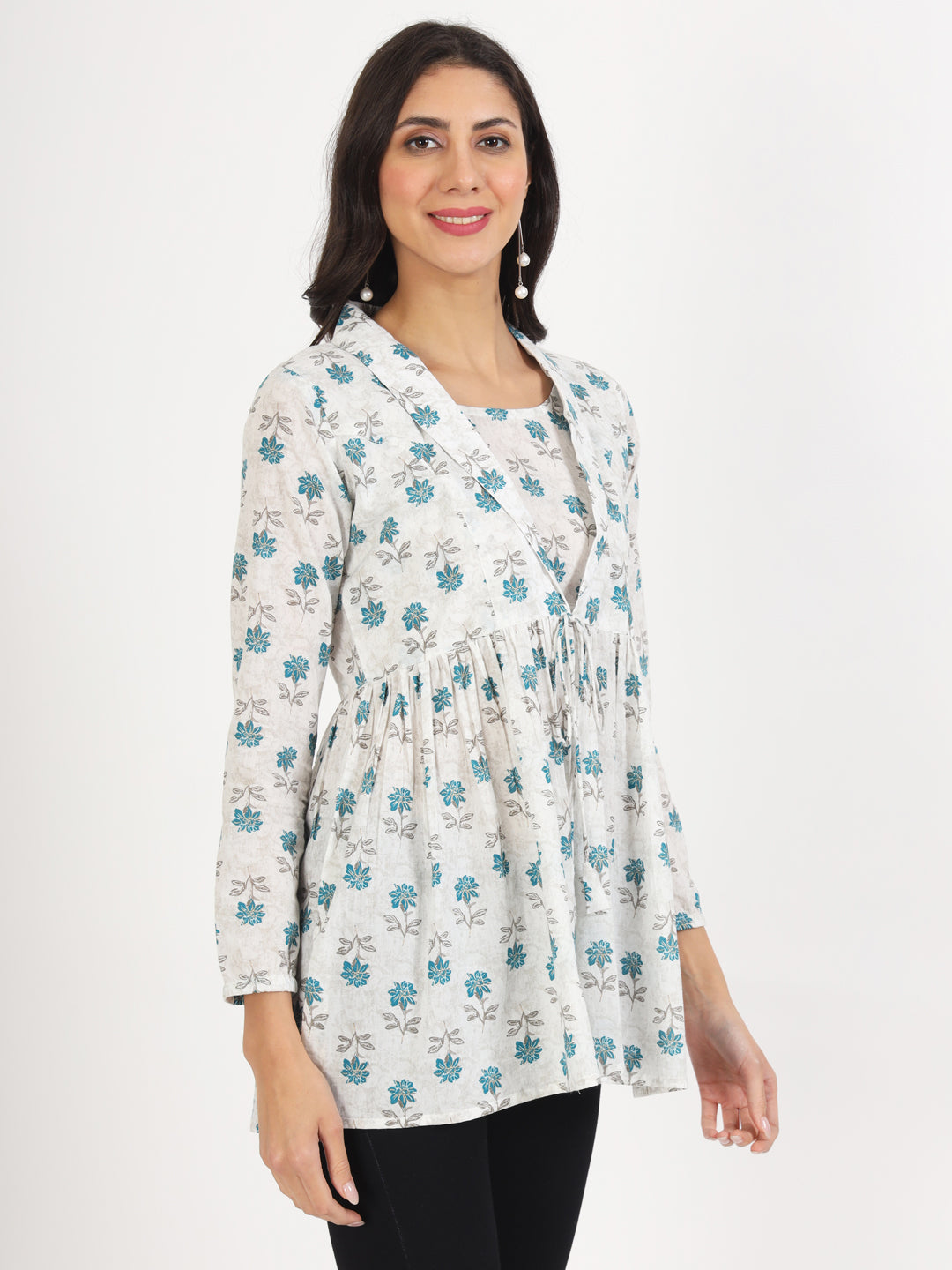 White Floral Printed Cotton Top