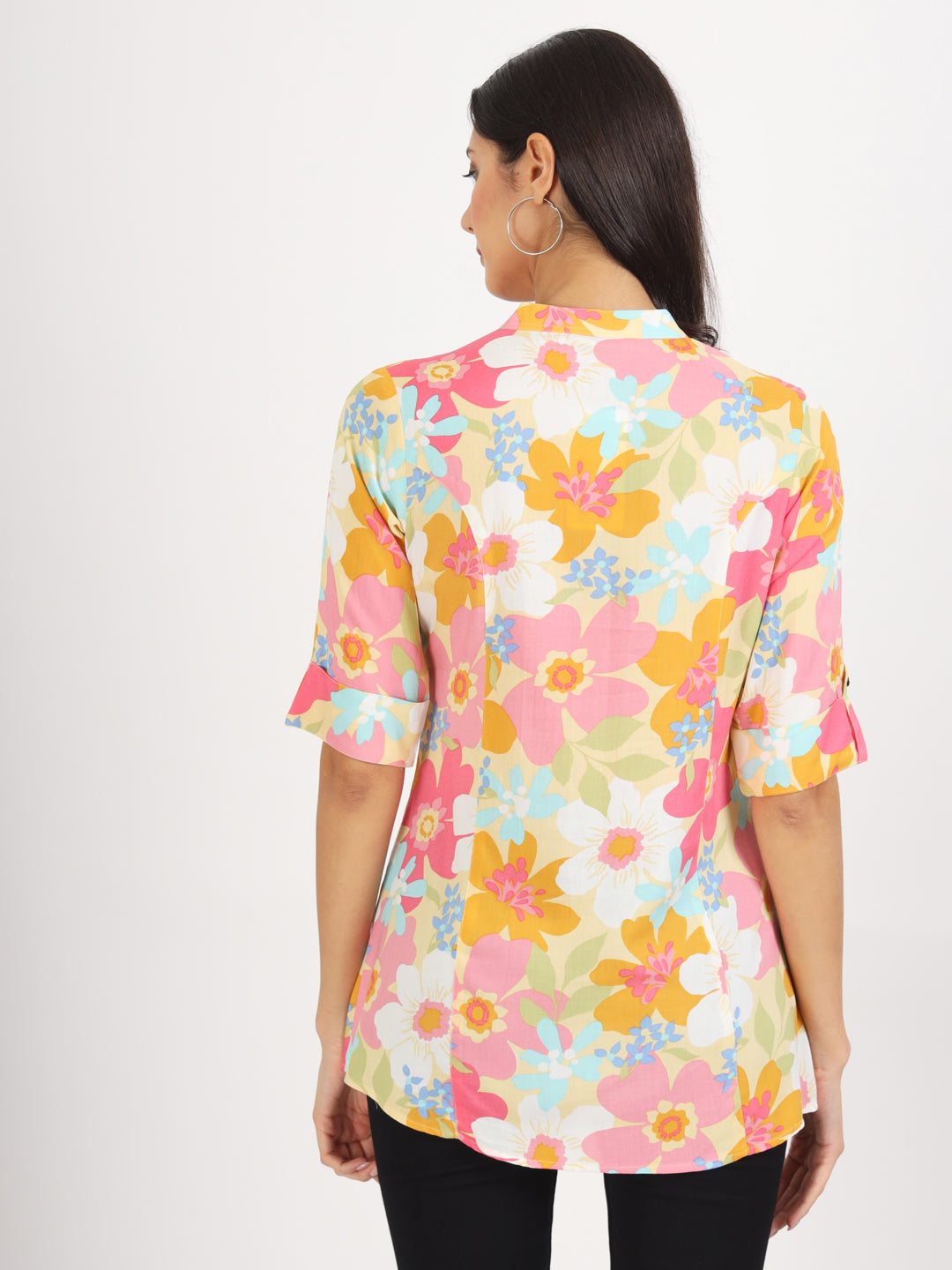 Yellow Floral Printed Fold Sleeve Rayon Top