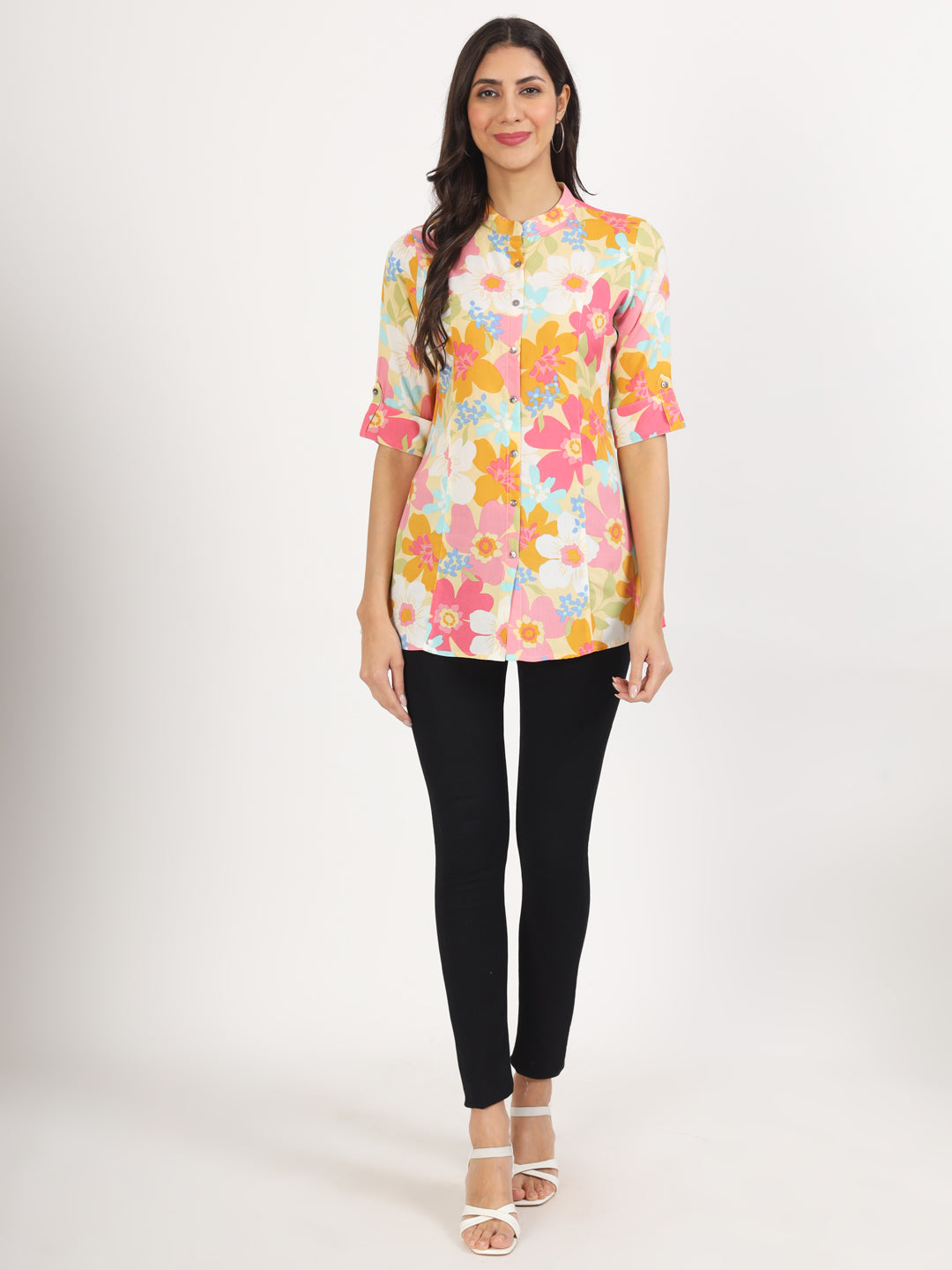 Yellow Floral Printed Fold Sleeve Rayon Top