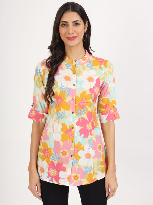 Yellow Floral Printed Fold Sleeve Rayon Top