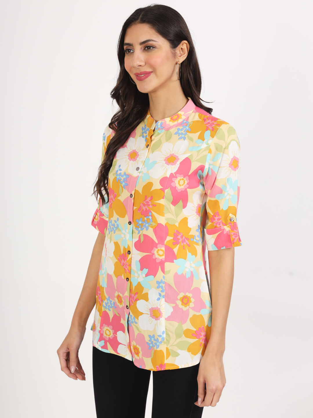 Yellow Floral Printed Fold Sleeve Rayon Top