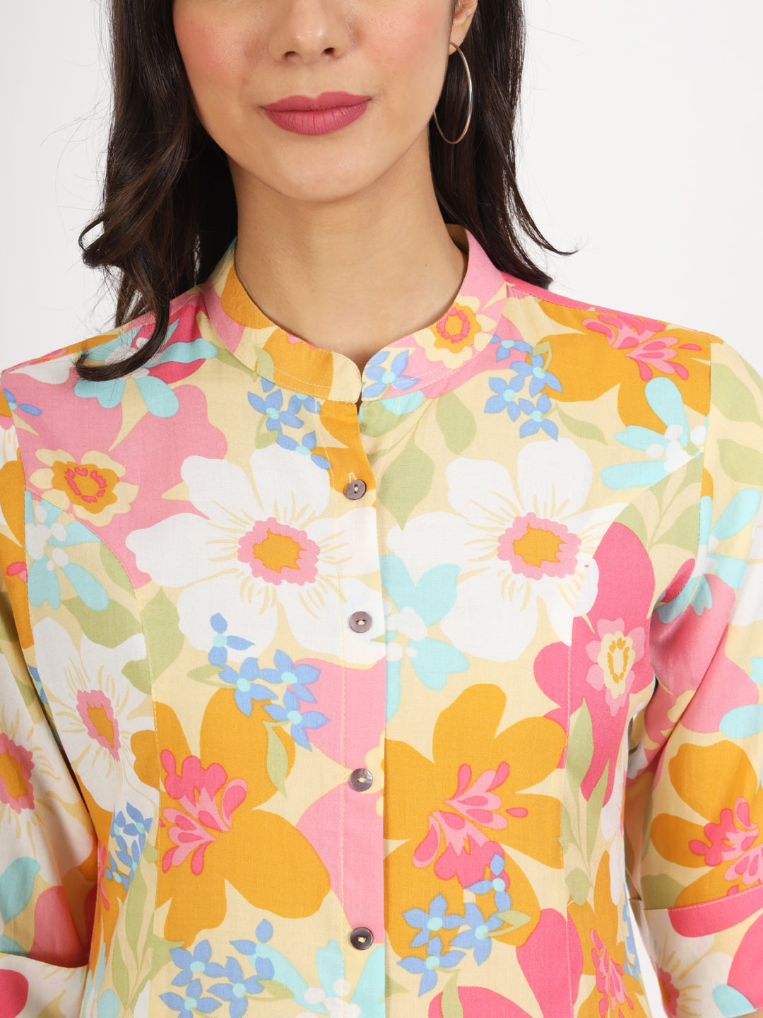 Yellow Floral Printed Fold Sleeve Rayon Top