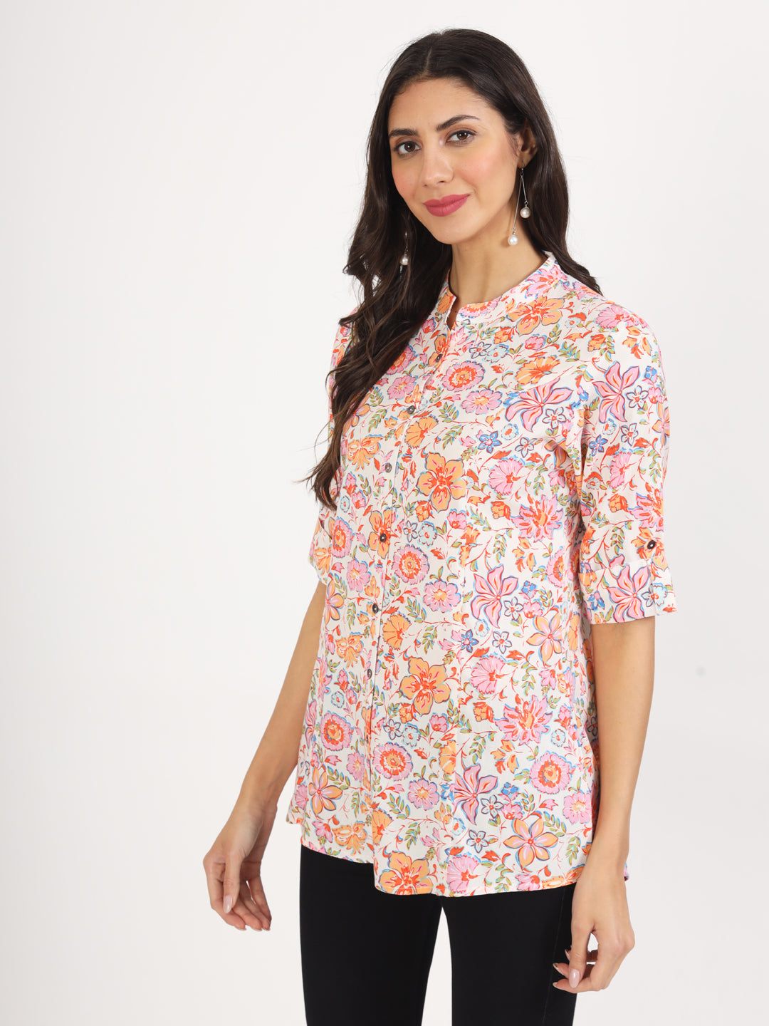 White Pink Floral Printed Rayon Top