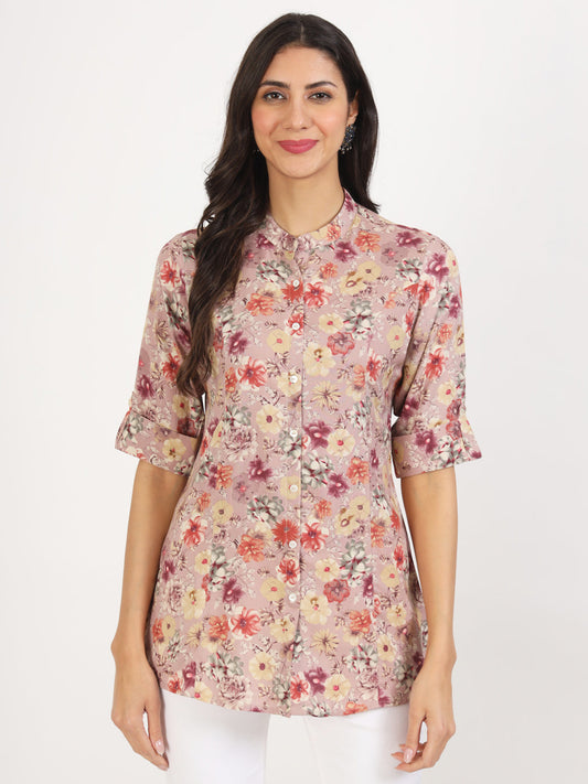 Pink Floral Printed Rayon Top