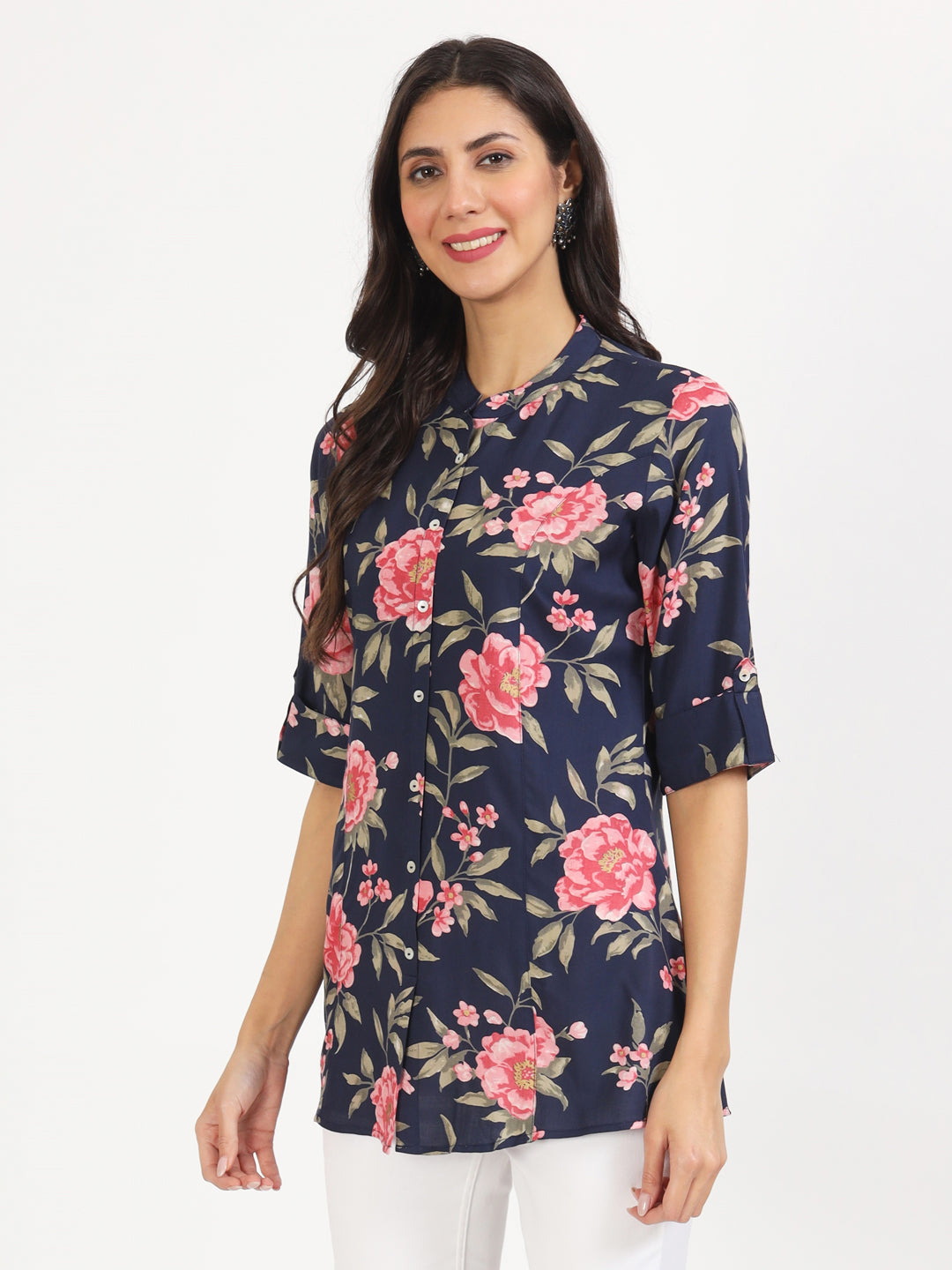 Navy Blue Floral Printed Rayon Top