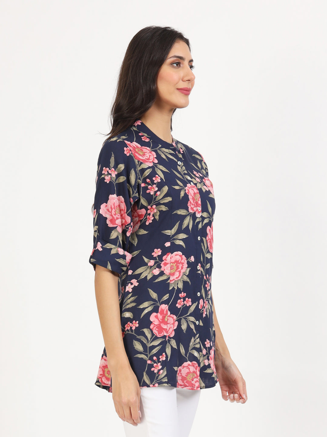 Navy Blue Floral Printed Rayon Top