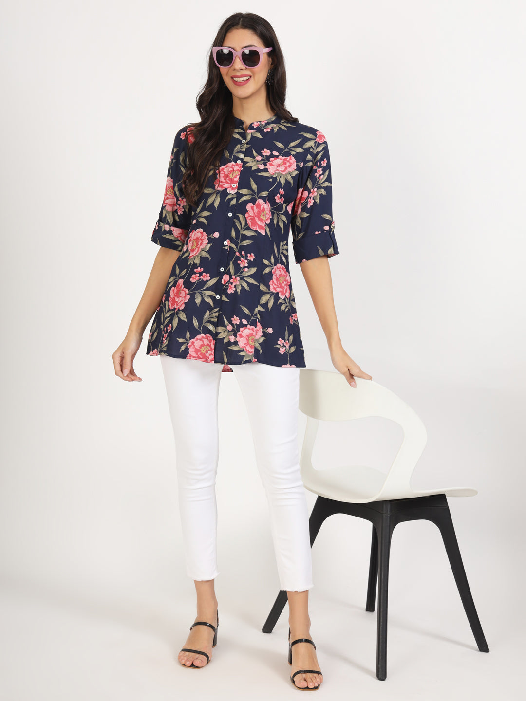 Navy Blue Floral Printed Rayon Top