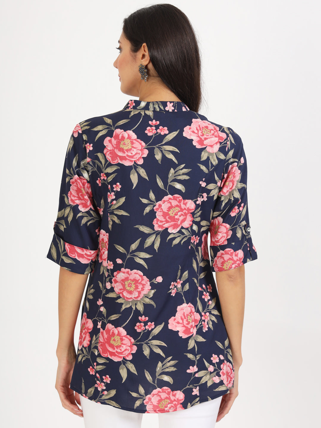 Navy Blue Floral Printed Rayon Top