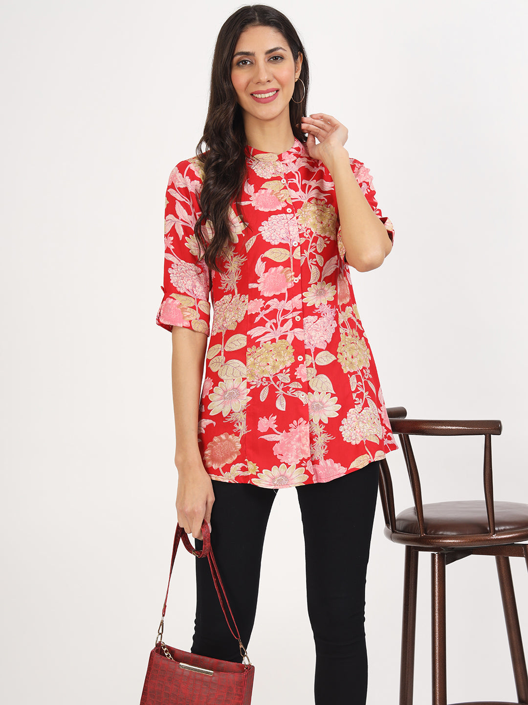 Red Floral Printed Rayon Top