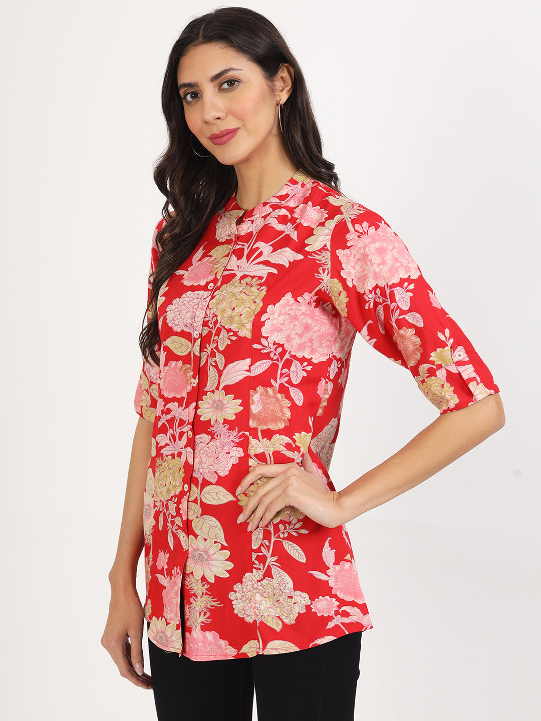 Red Floral Printed Rayon Top