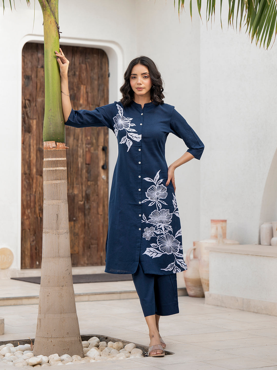 Navy Blue Floral Printed Cotton A-line Fit Kurta Pant Set