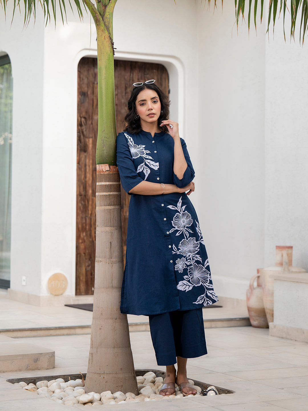 Navy Blue Floral Printed Cotton A-line Fit Kurta Pant Set