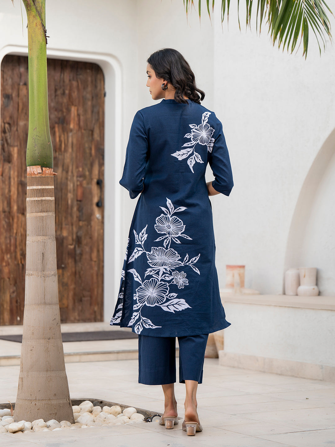 Navy Blue Floral Printed Cotton A-line Fit Kurta Pant Set