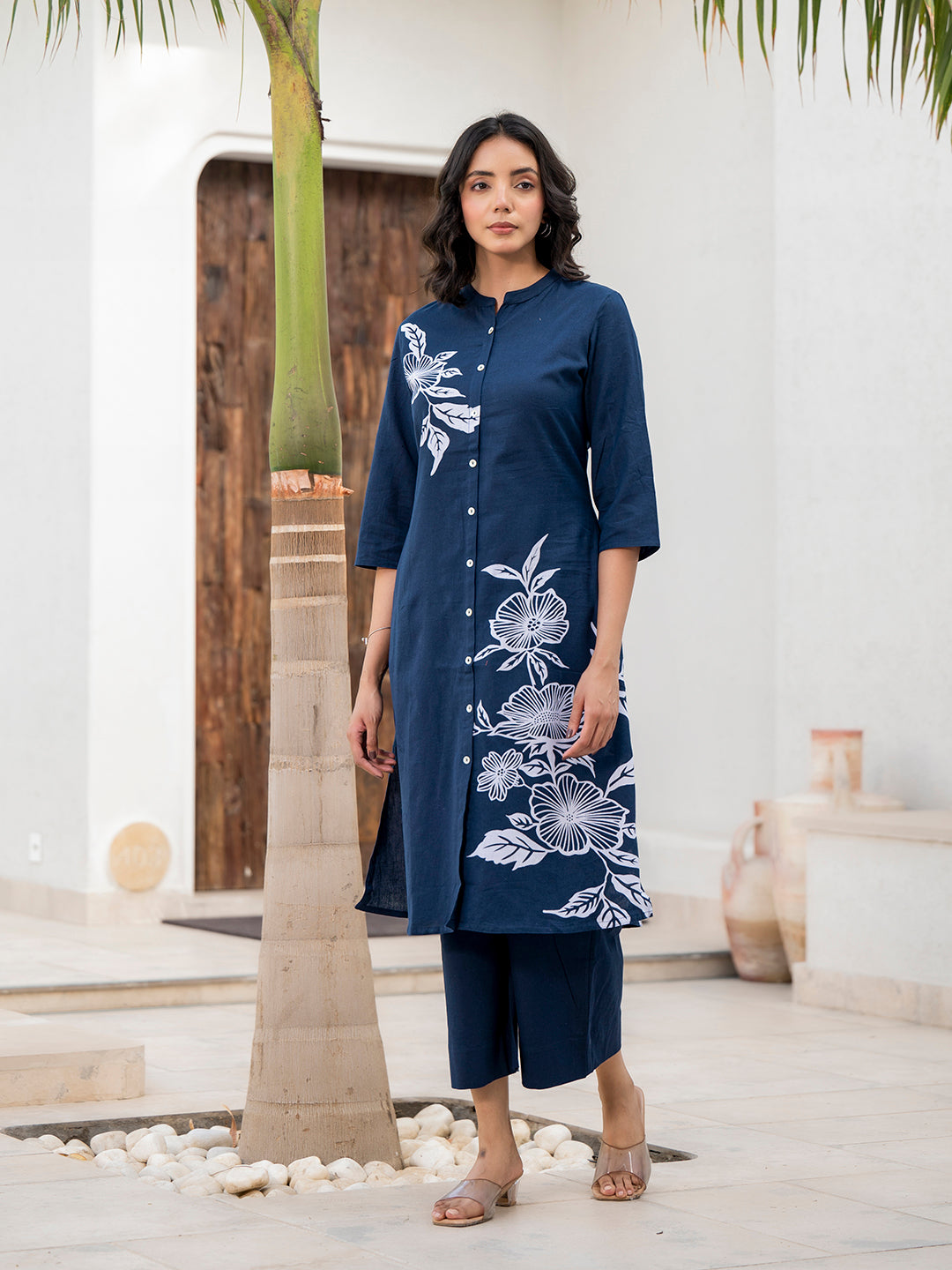 Navy Blue Floral Printed Cotton A-line Fit Kurta Pant Set