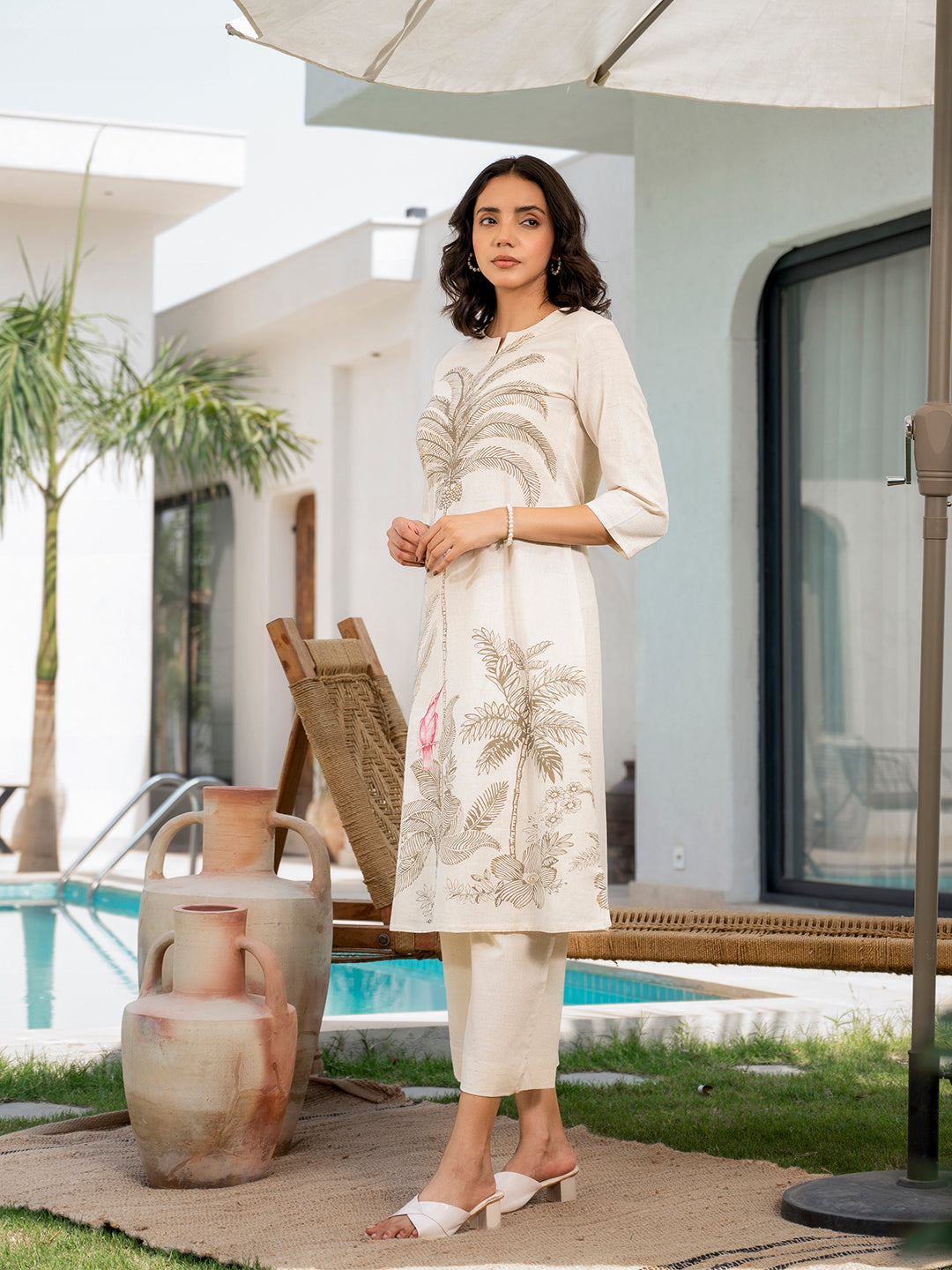 Offwhite  Floral Printed Cotton A-line Fit Kurta Pant Set