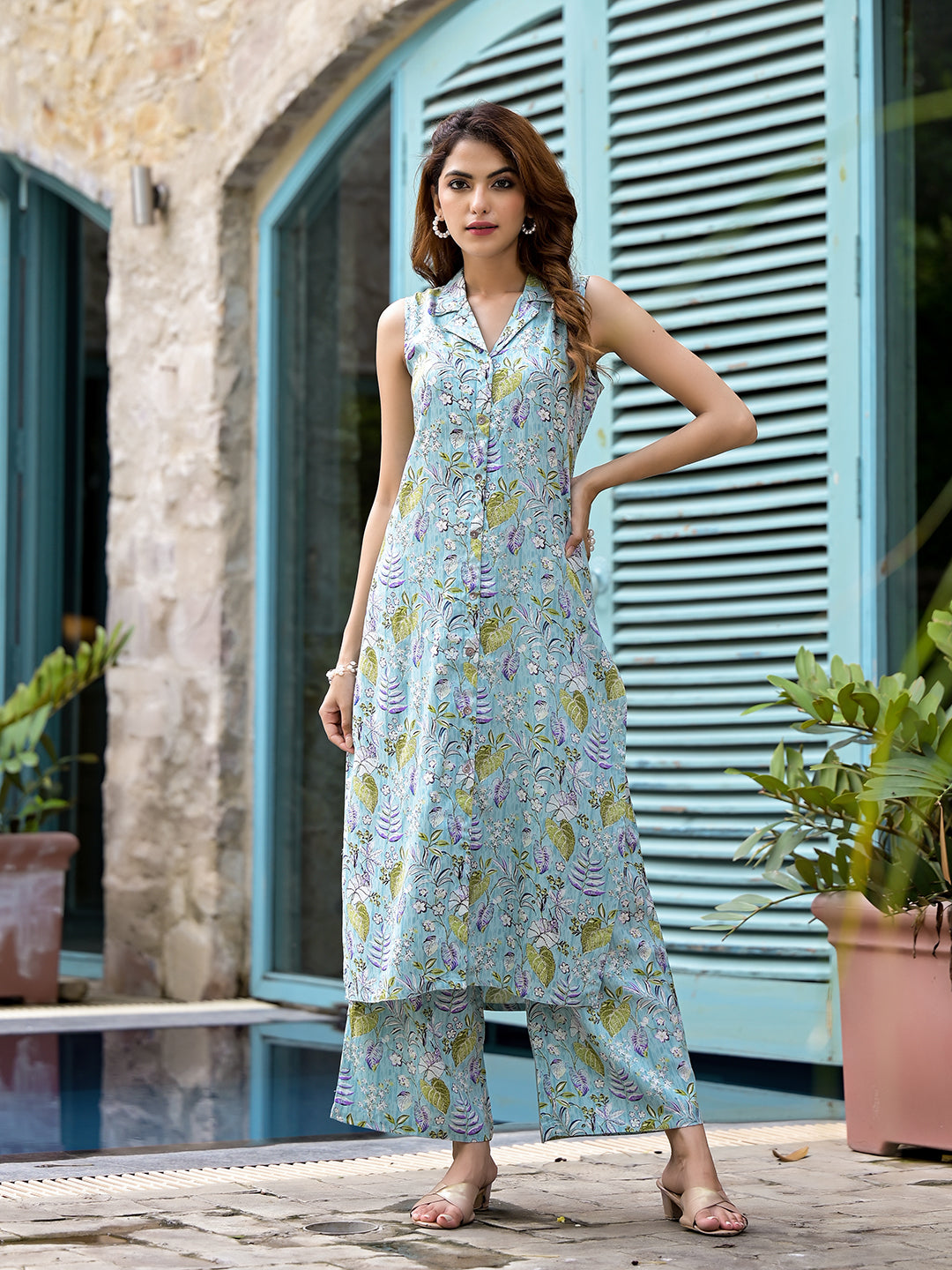 Sky Blue Floral Printed  A-Line Rayon Kurta Set