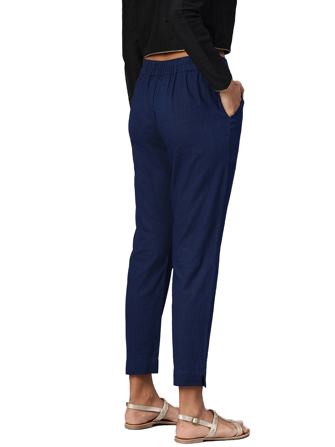 Women Navy Blue Straight Fit Solid Regular Trousers