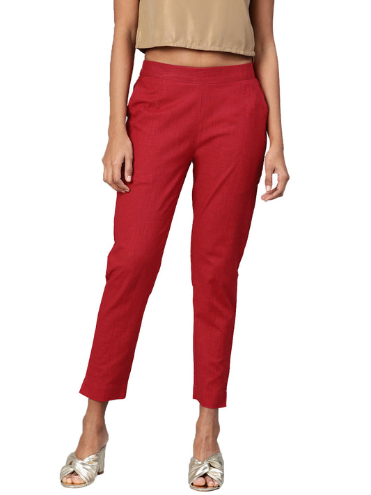 Women Maroon Straight Fit Solid Regular Trousers