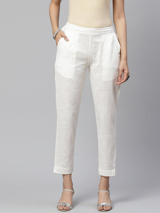 Women Off-White Comfort Regular Fit Solid Cotton Cigarette Trousers