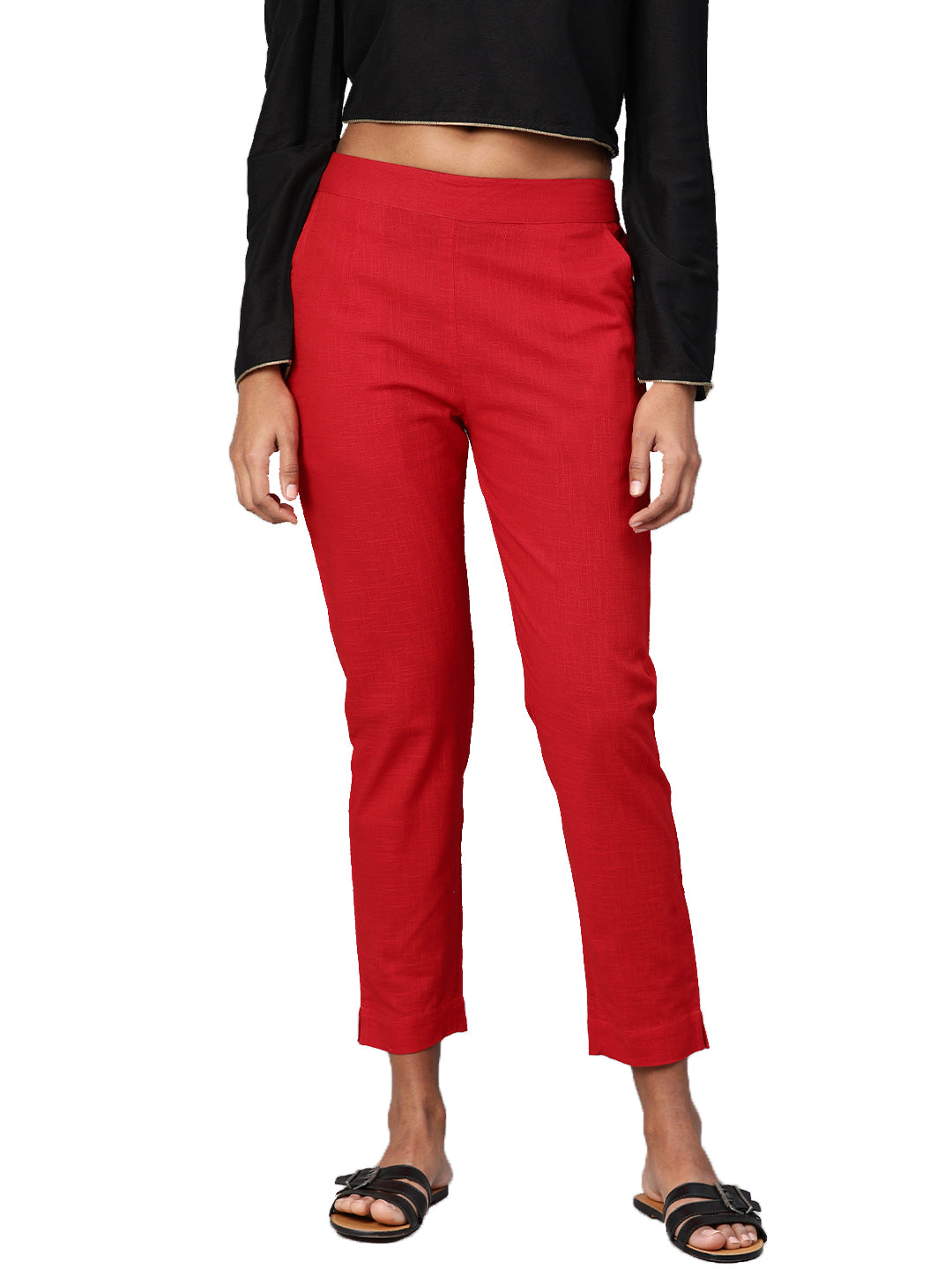 Women Red Straight Fit Solid Regular Trousers