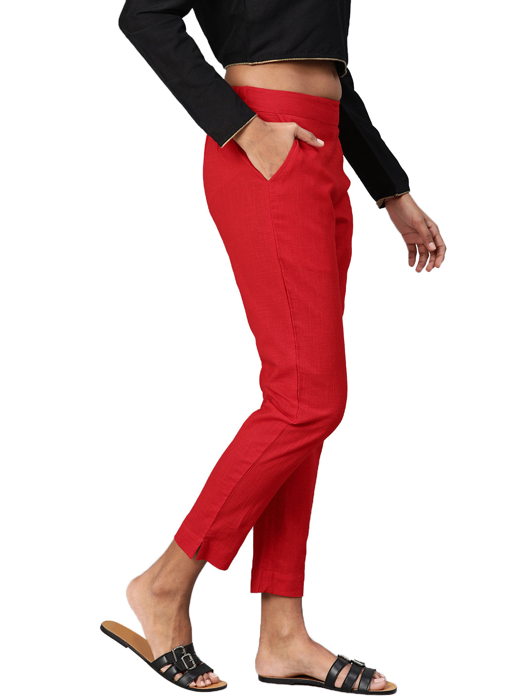 Women Red Straight Fit Solid Regular Trousers