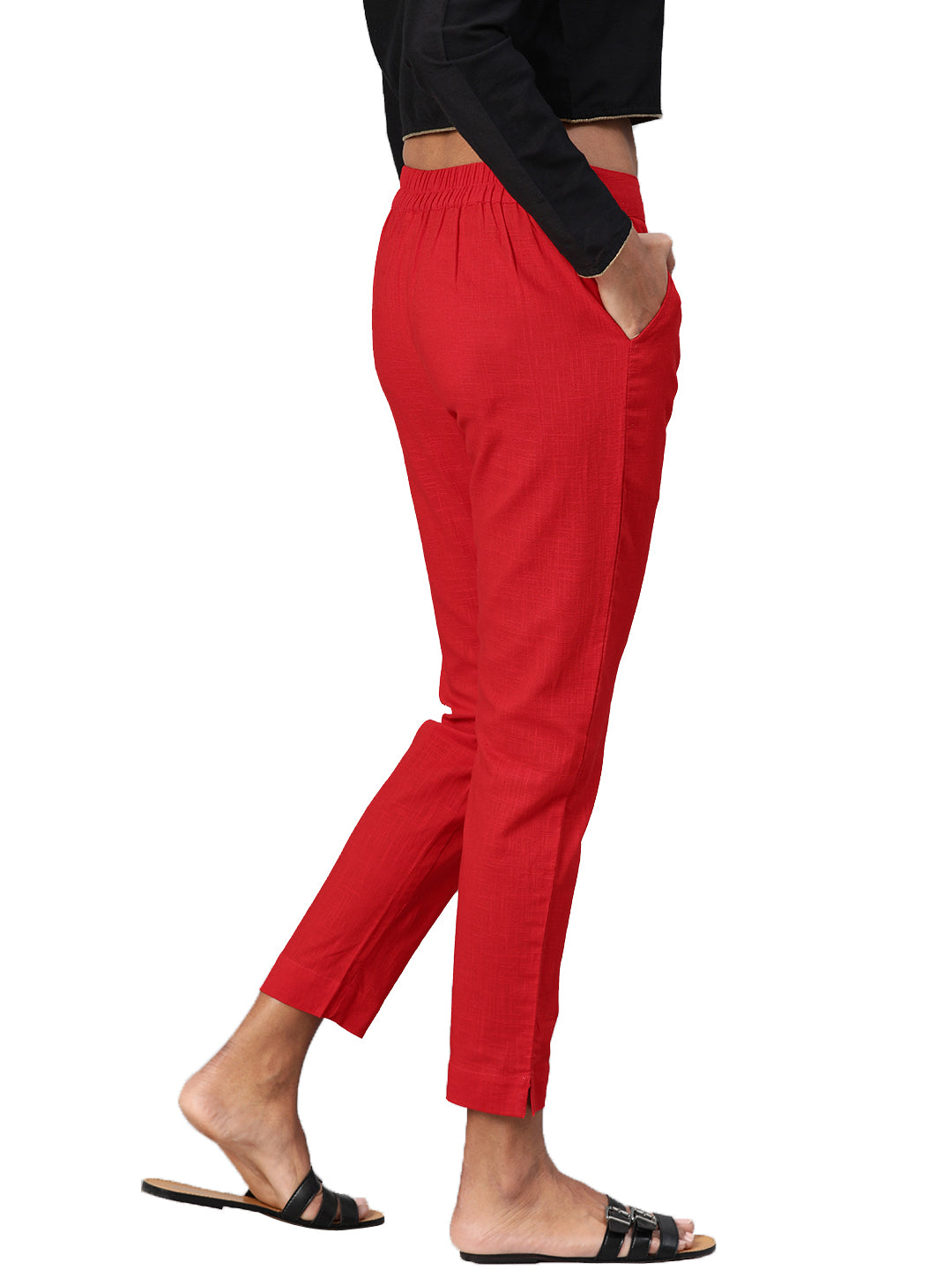 Women Red Straight Fit Solid Regular Trousers