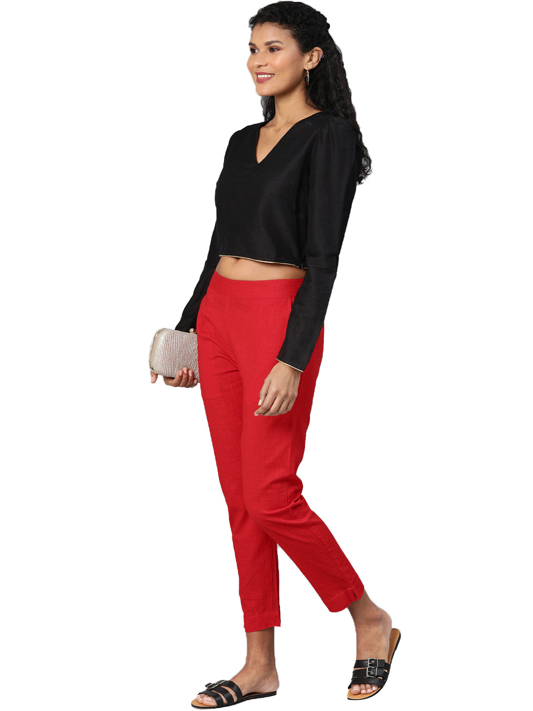 Women Red Straight Fit Solid Regular Trousers