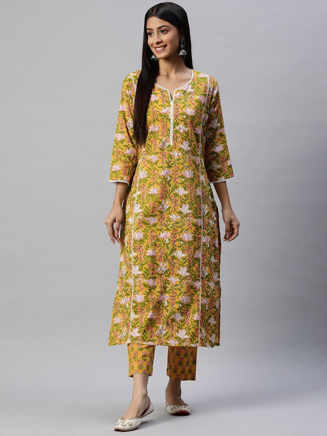 Divena Yellow Floral Printed Straight Kurta Pant Sets - divena world-Mohi