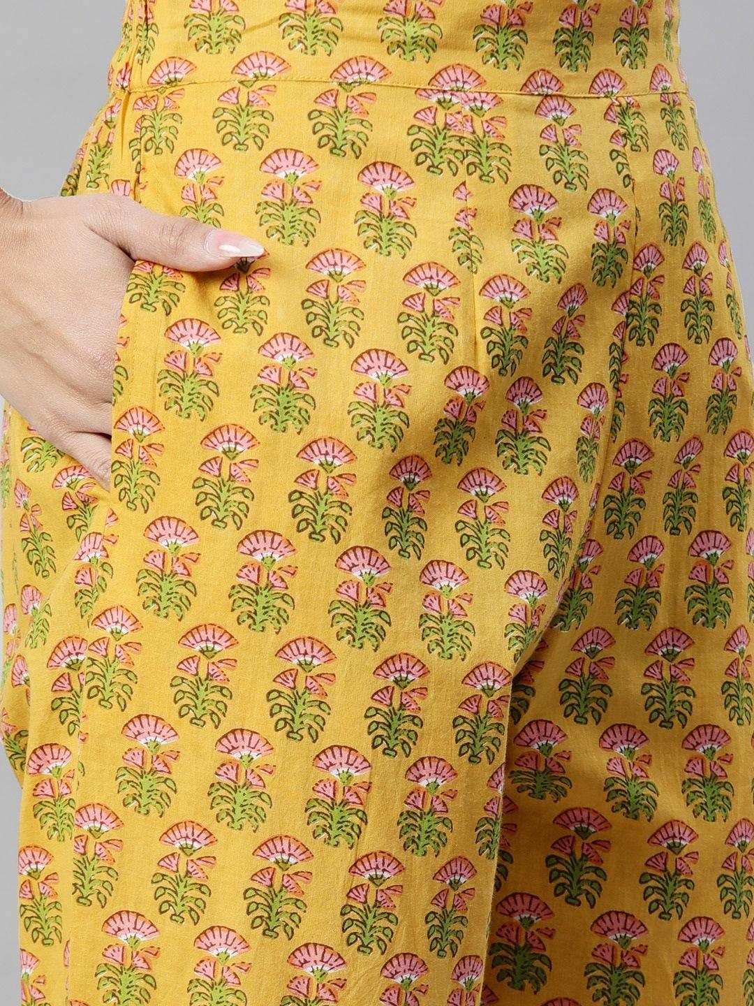 Divena Yellow Floral Printed Straight Kurta Pant Sets - divena world-Mohi